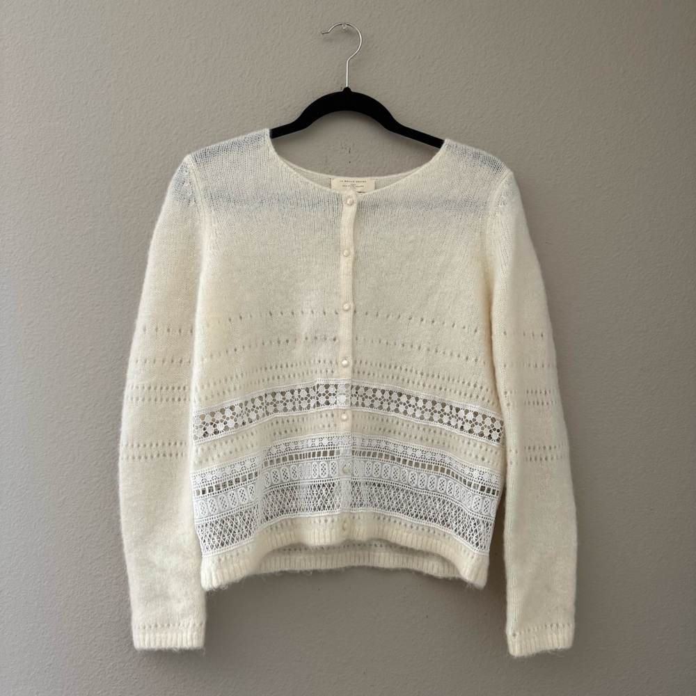 Sézane Cream Openwork Knit Button-Up Cardigan